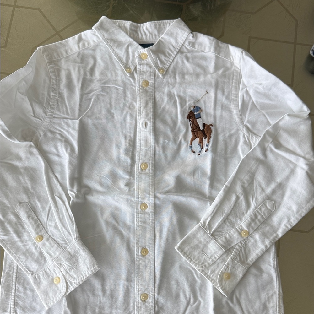 White Long-Sleeve Button-Down Shirt with Polo Embroidery